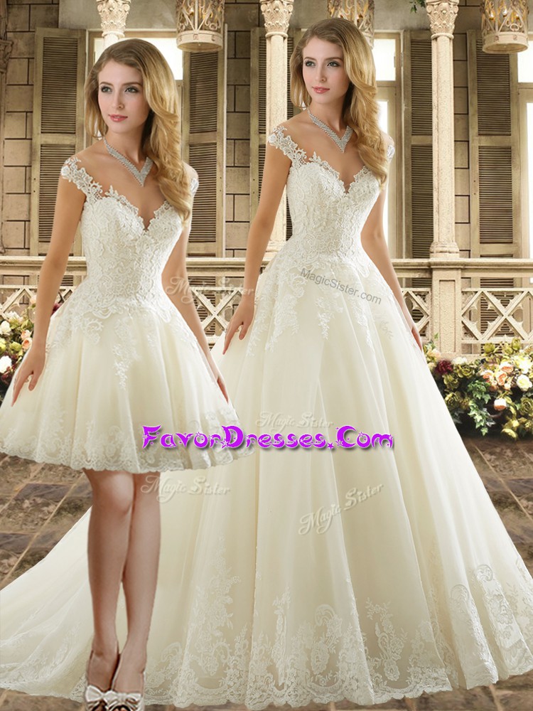  White V-neck Neckline Lace Wedding Dresses Cap Sleeves Clasp Handle