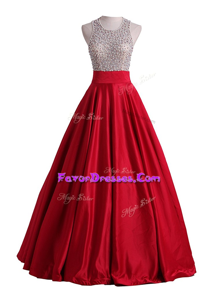 Sumptuous Red A-line Scoop Sleeveless Satin Floor Length Backless Beading Dress for Prom