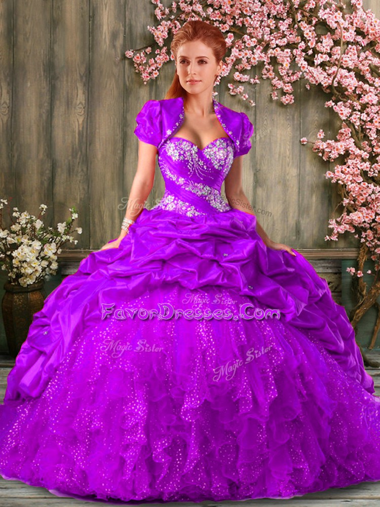  Eggplant Purple Ball Gowns Beading and Ruffles Sweet 16 Quinceanera Dress Lace Up Organza and Taffeta Sleeveless Floor Length