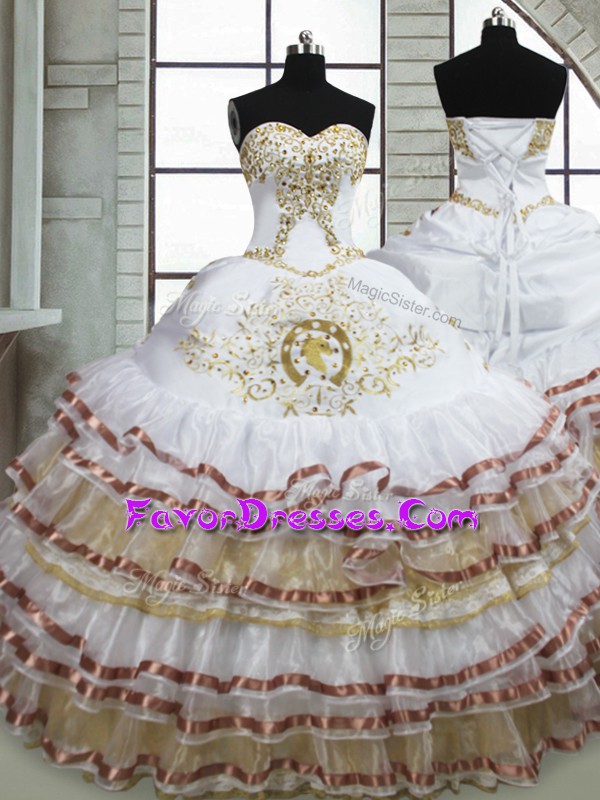  Ball Gowns 15th Birthday Dress White Sweetheart Organza Sleeveless Floor Length Lace Up