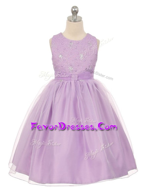 Modern Lavender Ball Gowns Beading Girls Pageant Dresses Lace Up Tulle Sleeveless Knee Length