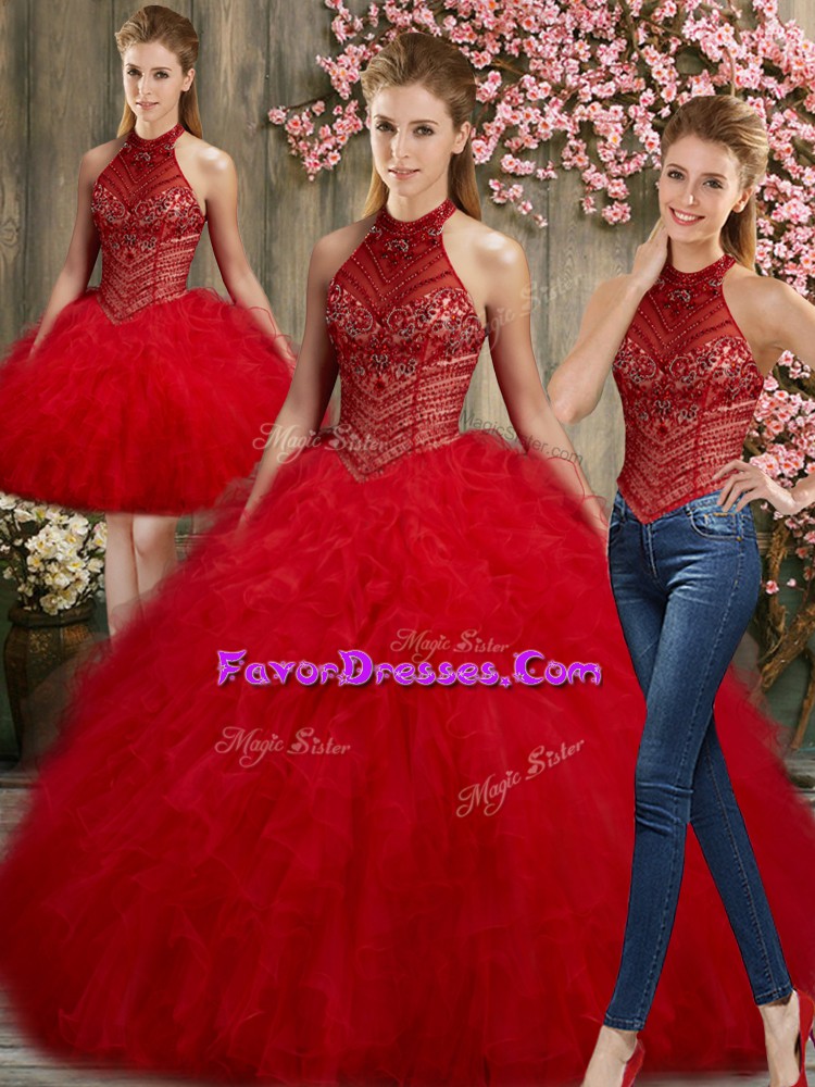 Discount Halter Top Sleeveless Sweet 16 Dress Floor Length Beading and Ruffles Red Organza
