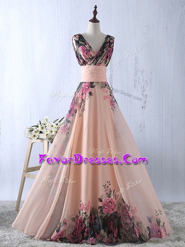  V-neck Sleeveless Printed Prom Dress Ruching Lace Up