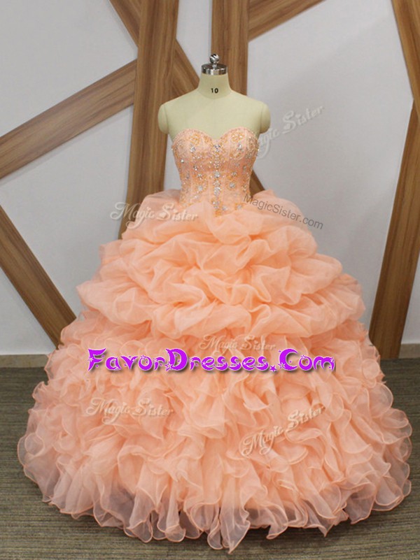  Organza Sleeveless Ball Gown Prom Dress Sweep Train and Beading and Ruffles and Pick Ups
