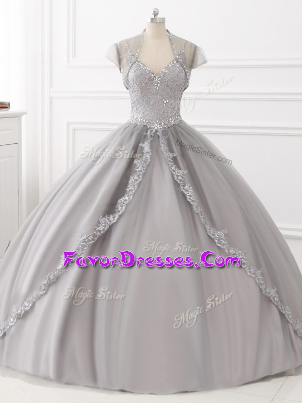 Custom Made Grey Sleeveless Tulle Lace Up 15 Quinceanera Dress for Sweet 16 and Quinceanera