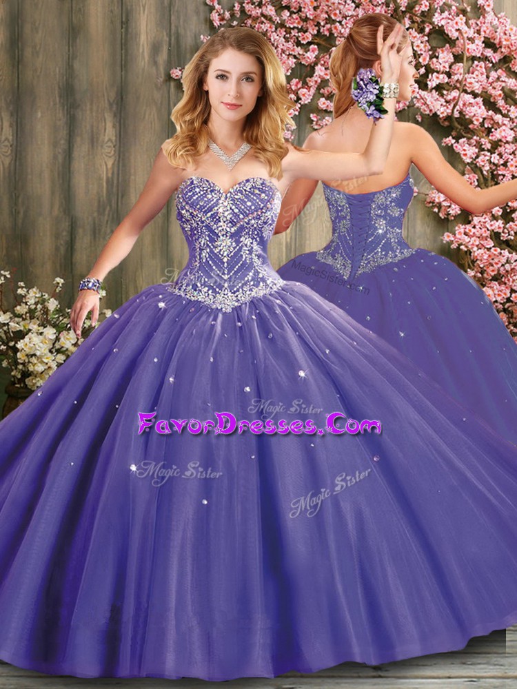 Fabulous Sleeveless Tulle Floor Length Lace Up Quinceanera Dress in Lavender with Beading