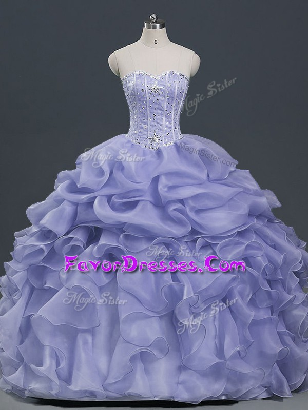 High End Lavender Quinceanera Gown Sweet 16 and Quinceanera with Beading and Ruffles and Pick Ups Sweetheart Sleeveless Lace Up