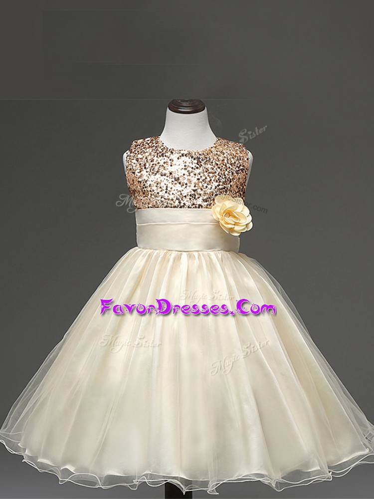 Champagne Zipper Scoop Sequins and Hand Made Flower Child Pageant Dress Tulle Sleeveless
