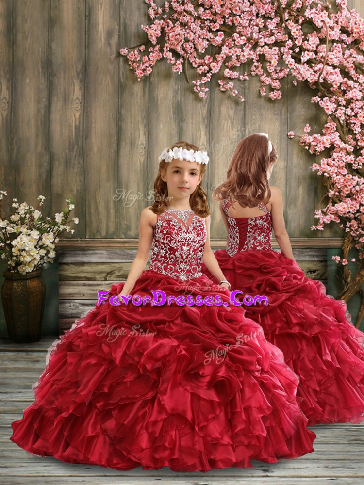  Floor Length Burgundy Little Girls Pageant Dress Wholesale Organza Sleeveless Beading and Ruffles and Pick Ups