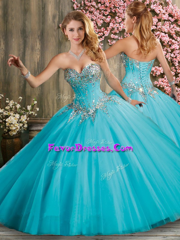 Gorgeous Aqua Blue Ball Gowns Sweetheart Sleeveless Tulle Floor Length Lace Up Beading Quinceanera Dress