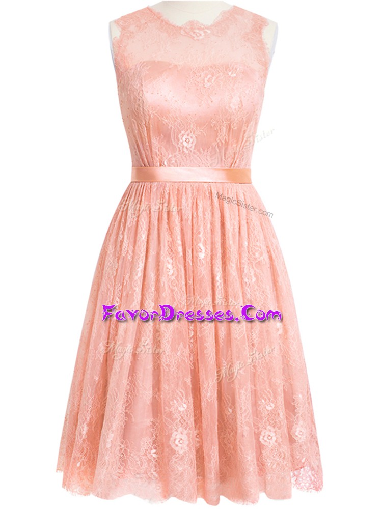  Peach Scoop Neckline Lace Wedding Party Dress Sleeveless Zipper