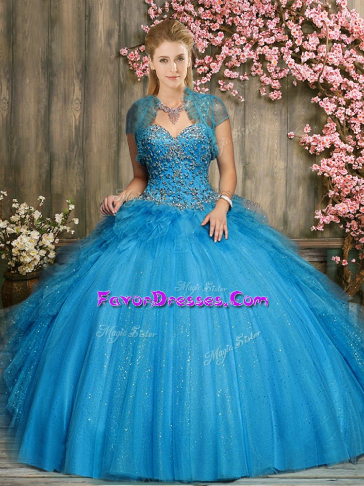 New Arrival Baby Blue Ball Gowns Sweetheart Sleeveless Tulle Floor Length Lace Up Beading Quinceanera Dresses