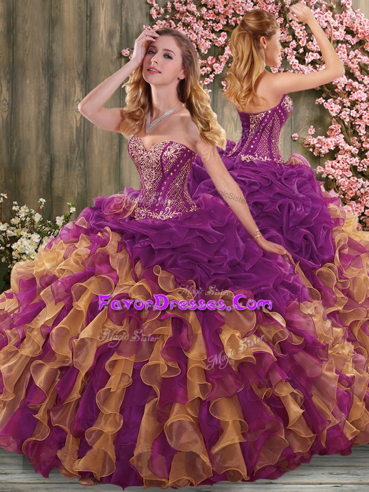  Multi-color Sleeveless Organza Brush Train Lace Up Vestidos de Quinceanera for Military Ball and Sweet 16 and Quinceanera