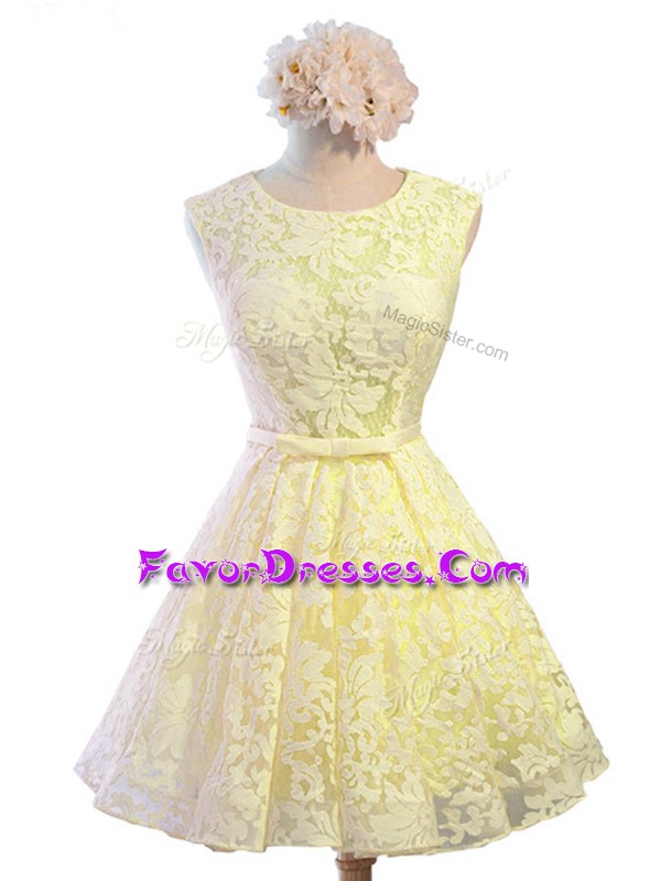 Captivating Knee Length Yellow Wedding Guest Dresses Lace Sleeveless Belt