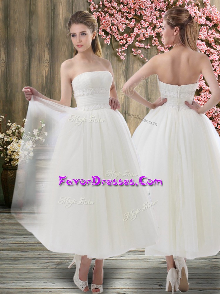 Captivating White Off The Shoulder Zipper Ruching Wedding Dress Sleeveless