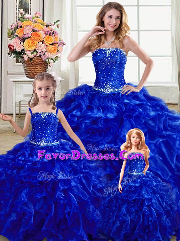 Comfortable Royal Blue Strapless Lace Up Beading and Ruffles Quinceanera Dresses Sleeveless
