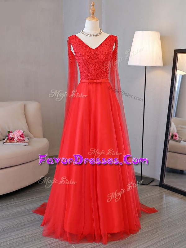 Fantastic Sleeveless Tulle Floor Length Lace Up Prom Evening Gown in Red with Lace and Belt