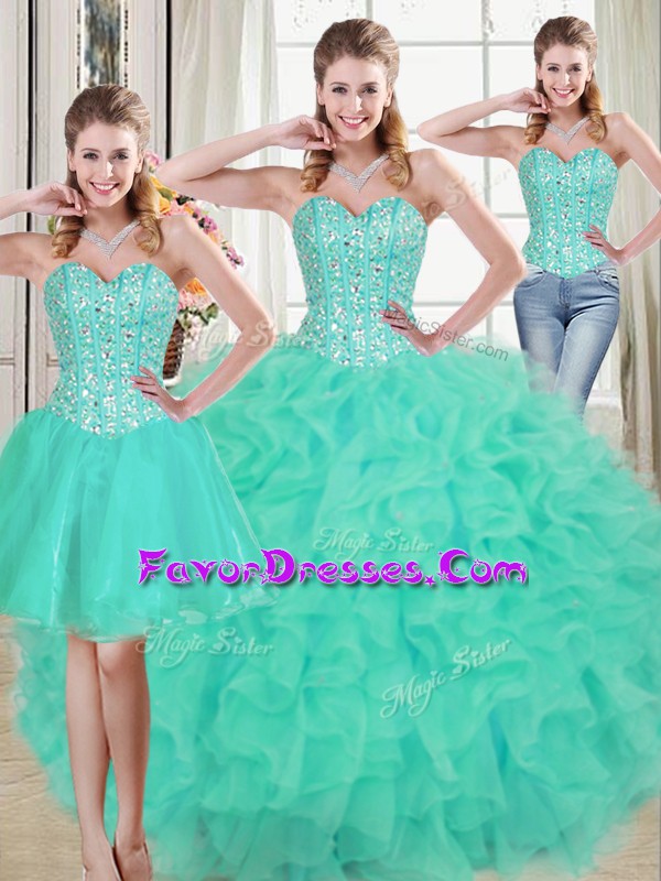  Organza Sweetheart Sleeveless Brush Train Lace Up Beading and Ruffled Layers 15 Quinceanera Dress in Turquoise
