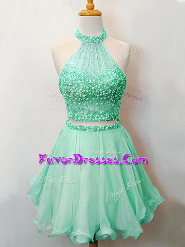  Sleeveless Organza Knee Length Lace Up Court Dresses for Sweet 16 in Apple Green with Beading