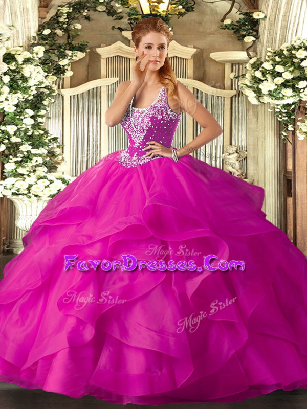 Cheap Fuchsia Tulle Lace Up Quinceanera Gown Sleeveless Floor Length Beading and Ruffles
