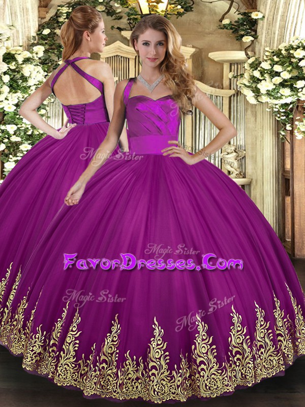  Appliques 15th Birthday Dress Fuchsia Lace Up Sleeveless Floor Length