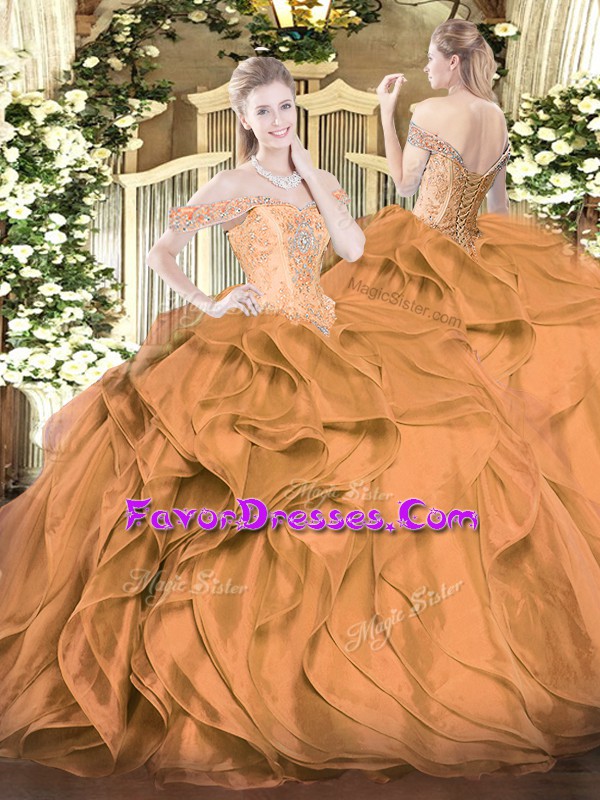  Brown Lace Up Quinceanera Dress Beading and Ruffles Sleeveless Floor Length