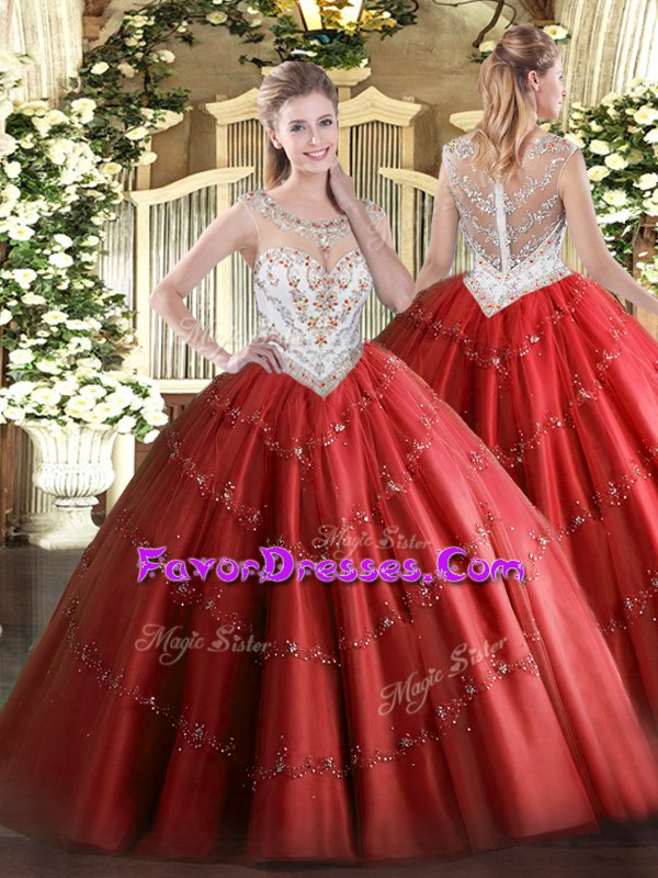  Tulle Scoop Sleeveless Zipper Beading and Appliques 15 Quinceanera Dress in Red