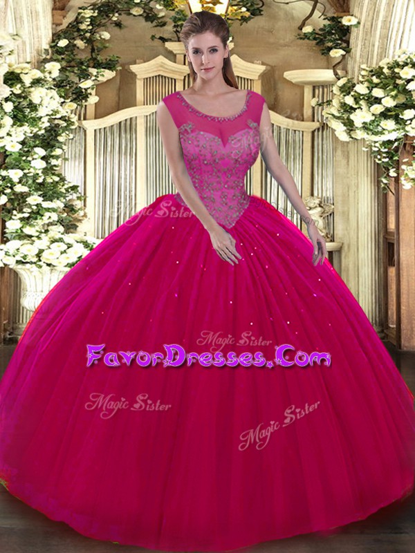  Floor Length Backless Quinceanera Gown Hot Pink for Military Ball and Sweet 16 and Quinceanera with Beading