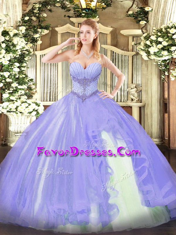  Lavender Sleeveless Floor Length Beading and Ruffles Lace Up 15th Birthday Dress