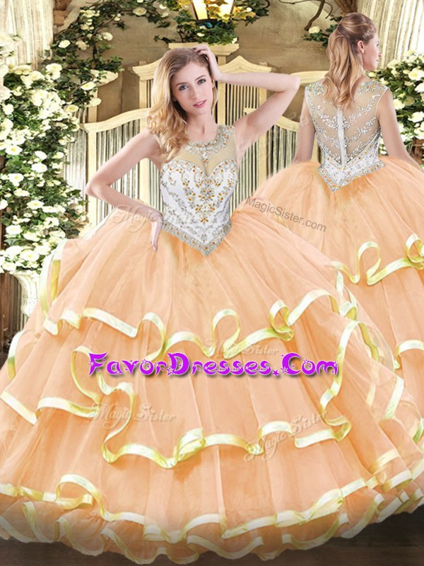  Peach Quinceanera Gowns Military Ball and Sweet 16 and Quinceanera with Beading and Ruffled Layers Scoop Sleeveless Zipper