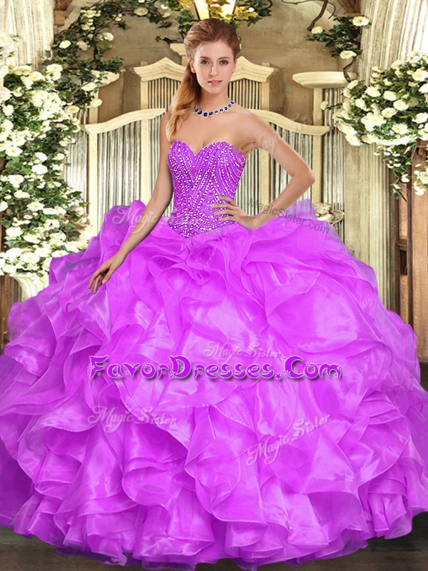 Pretty Floor Length Lace Up Quinceanera Dresses Lilac for Military Ball and Sweet 16 and Quinceanera with Beading and Ruffles