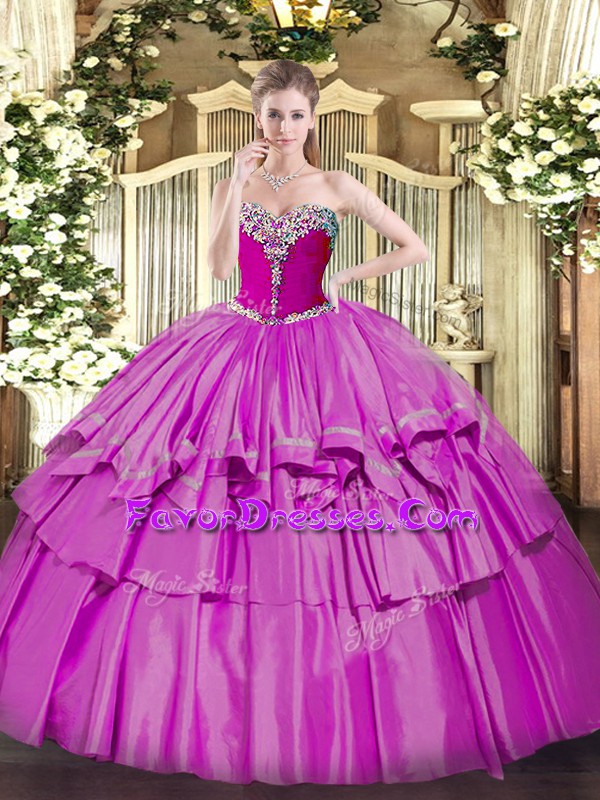  Lilac Ball Gowns Organza and Taffeta Sweetheart Sleeveless Beading and Ruffled Layers Floor Length Lace Up Quinceanera Gowns
