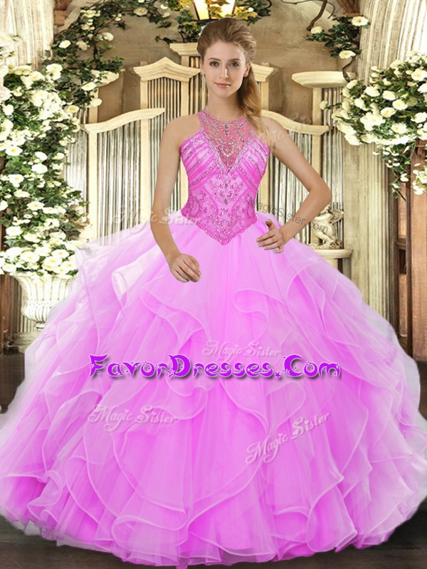 Comfortable Floor Length Rose Pink Sweet 16 Dress Organza Sleeveless Beading and Ruffles