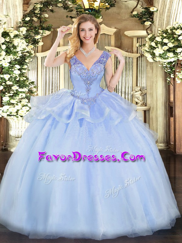  Lavender Ball Gowns V-neck Sleeveless Tulle Floor Length Lace Up Beading Ball Gown Prom Dress