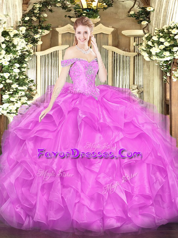 Glamorous Floor Length Lilac Vestidos de Quinceanera Off The Shoulder Sleeveless Lace Up