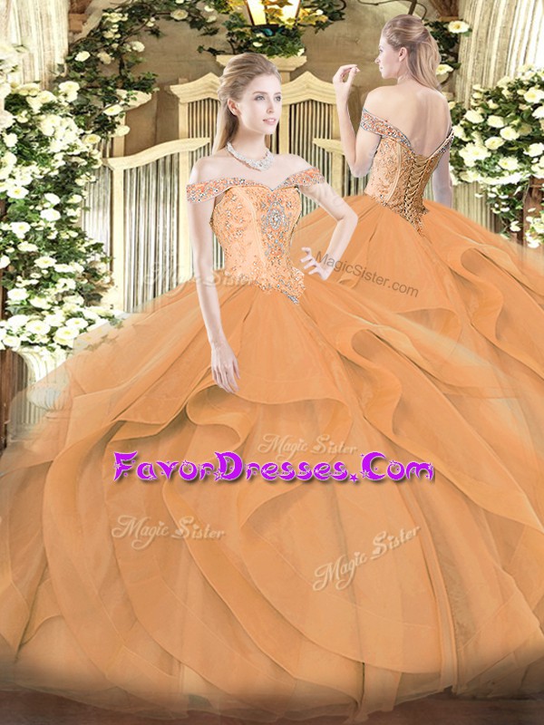 Fantastic Orange Ball Gowns Off The Shoulder Sleeveless Tulle Floor Length Lace Up Beading and Ruffles Vestidos de Quinceanera