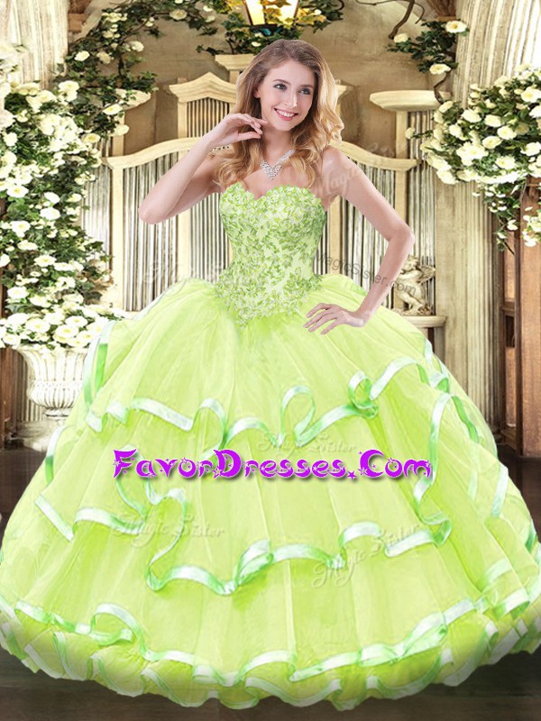  Sleeveless Floor Length Appliques and Ruffled Layers Lace Up Sweet 16 Quinceanera Dress with Yellow Green