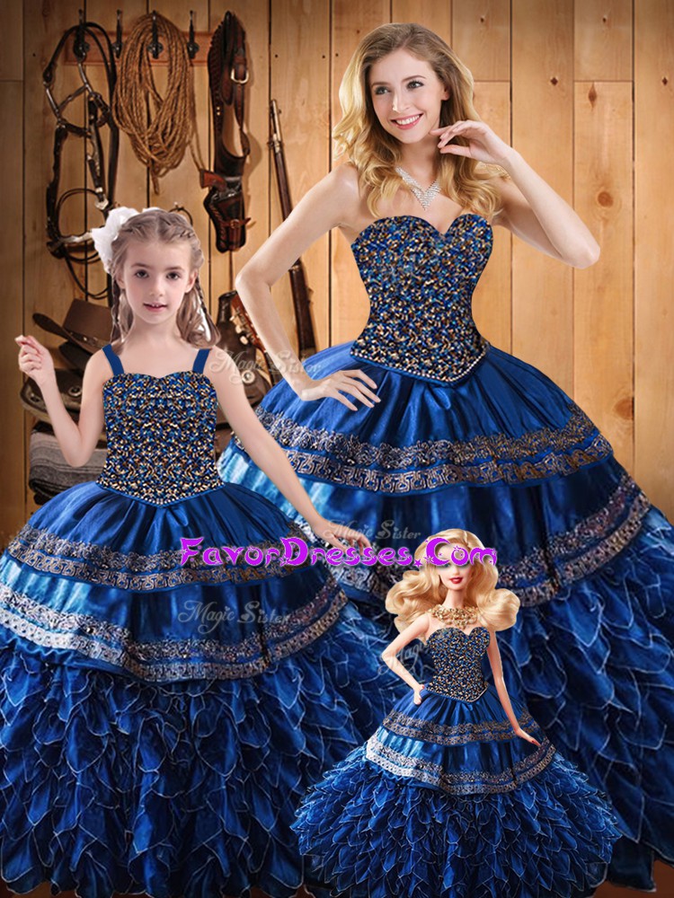Dynamic Royal Blue Ball Gowns Sweetheart Sleeveless Organza and Taffeta Floor Length Lace Up Beading and Embroidery and Ruffles Quinceanera Gowns
