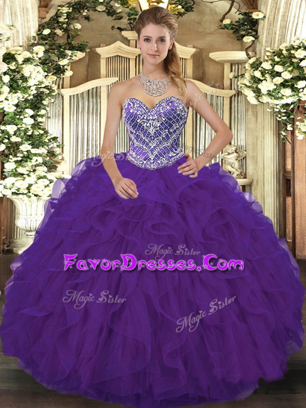  Sweetheart Sleeveless Ball Gown Prom Dress Floor Length Beading and Ruffled Layers Purple Lace