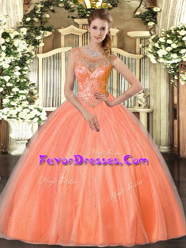  Orange Red Sleeveless Tulle Lace Up Quinceanera Gowns for Sweet 16 and Quinceanera