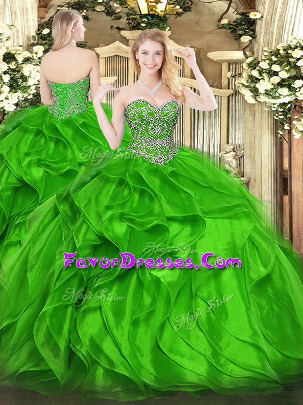  Green Lace Up Sweetheart Beading and Ruffles 15th Birthday Dress Organza Sleeveless
