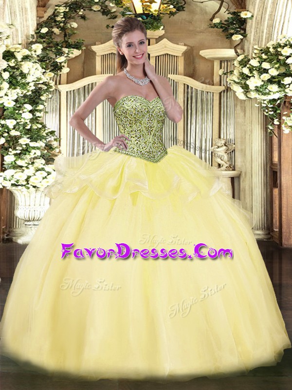 Fancy Floor Length Lace Up Sweet 16 Dress Light Yellow for Military Ball and Sweet 16 and Quinceanera with Beading and Ruffles