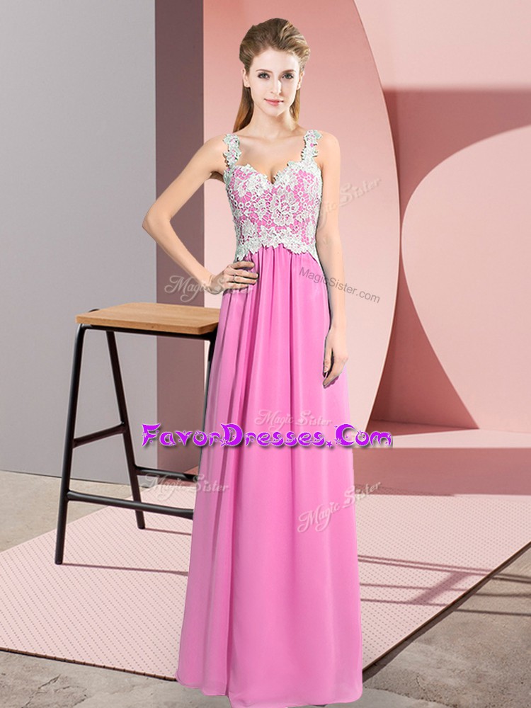 Affordable V-neck Sleeveless Floor Length Lace Rose Pink Chiffon