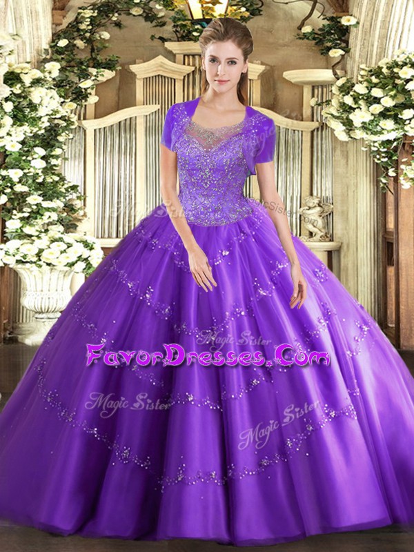  Tulle Scoop Sleeveless Clasp Handle Beading and Appliques Sweet 16 Dresses in Lavender