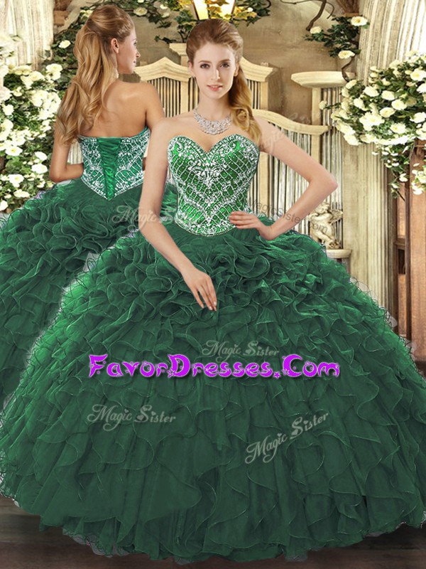  Dark Green Sleeveless Tulle Lace Up Sweet 16 Dresses for Military Ball and Quinceanera