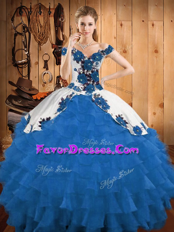 Artistic Organza Off The Shoulder Sleeveless Lace Up Embroidery and Ruffled Layers Vestidos de Quinceanera in Blue And White
