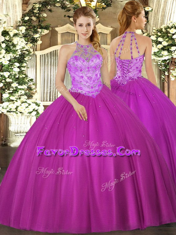  Fuchsia Halter Top Lace Up Beading Sweet 16 Dress Sleeveless