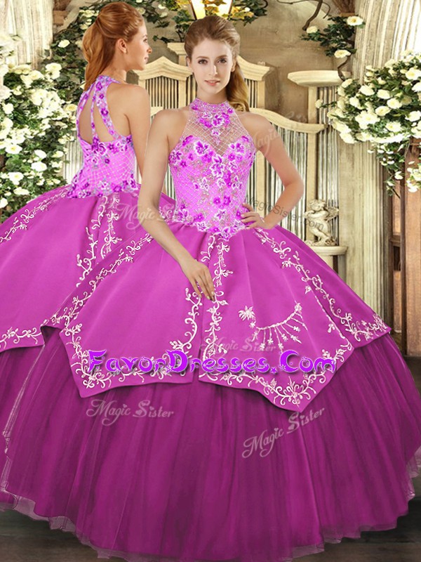 Deluxe Fuchsia Sleeveless Beading and Embroidery Floor Length Quinceanera Gown
