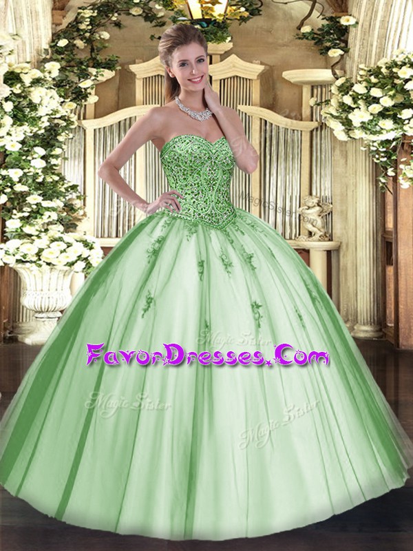  Apple Green Tulle Lace Up Ball Gown Prom Dress Sleeveless Floor Length Beading and Appliques