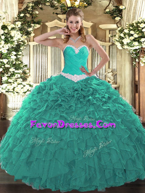 Modern Turquoise Quinceanera Gown Military Ball and Sweet 16 and Quinceanera with Appliques and Ruffles Sweetheart Sleeveless Lace Up